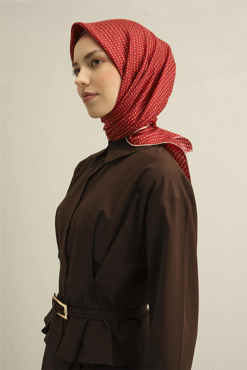 Armine Çiçek Desenli Saf İpek Twill Eşarp 9307d 36 Kırmızı