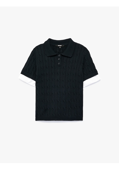 Koton Regular Fit Renk Kontrastı Kısa Kollu Polo Yaka Saç Örgü Kazak Lacivert 7wak90600ht
