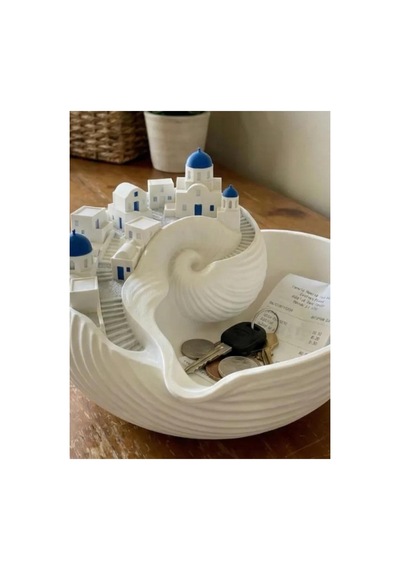 Santorini Temalı Dekoratif Anahtarlık Tabak Deniz Kabuğu Tasarım Anahtarlık Organizer 11x16 Cm