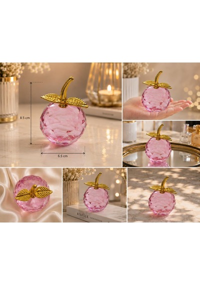 Pembe Kristal Elma Biblo Orta Boy 8.5 Cm Dekoratif Cam Elma Süsü Gold Yapraklı