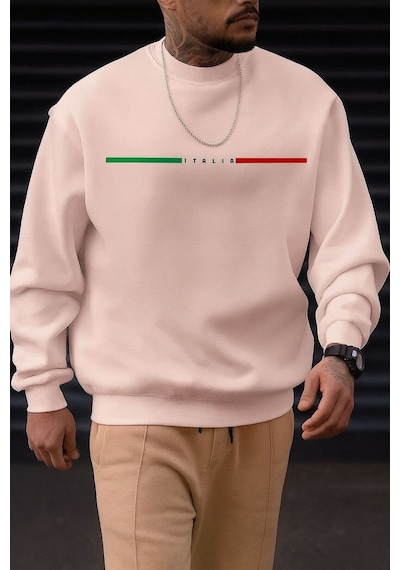 Benroma 3 İplik Penye Italıa Baskılı Unisex Sweatshırt Pembe