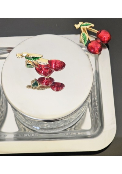 Atabey Home Collection 3'lü Kirazli Gümüş Tepsili Kase Seti & Şekerlik & Sunumluk & Çerezlik