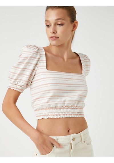 Koton Crop Bluz Beli Lastikli Turuncu Çizgili 2sak60288cw Turuncu Çizgili