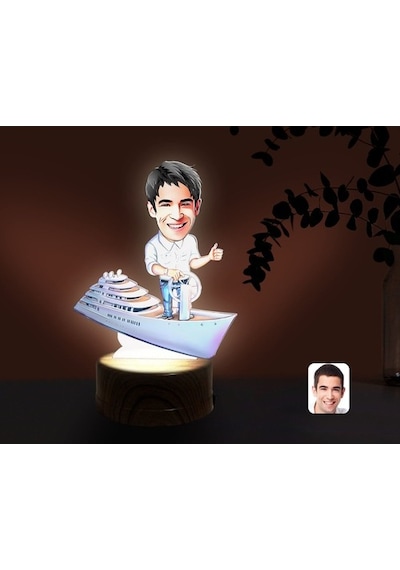Kişiye Özel Erkek Kaptan Karikatürlü Dekoratif 3D Biblo Led Işıkl