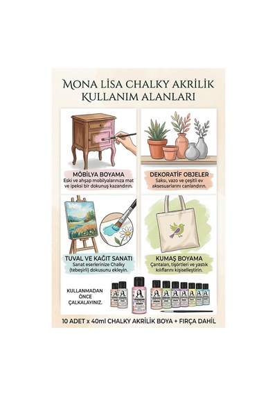 Chalk Akrilik Boya 10 Renkx40 Ml Fırça Hediyeli 1 Paket Monalisa Akrilik Boya Resim Dersi Tuval Ahşap Taş Boya Seti Çok Renkli