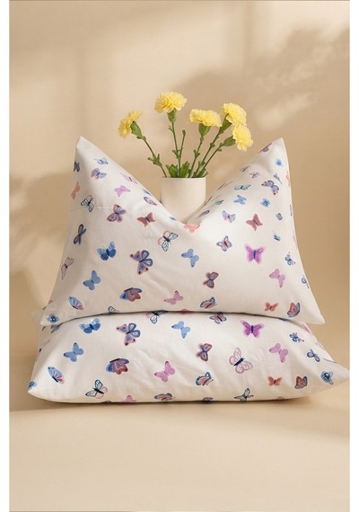 Pembe Kelebek Desenli Pamuklu Ranforce Kumaş Fermuarlı Yastık Kılıfı 2 Adet 50x70 Cm