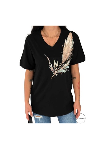 Cassime Kadın Büyük Beden Omzu Yaprak Pul Payet Nakışlı Tişört Xl-2xl-3xl Siyah