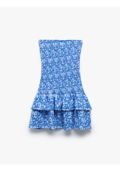 Koton Gipeli Straplez Yaka Çiçekli Volanlı Slip Mini Elbise Mavi Desenli 5sal80002ık Mavi Desenli Mavi