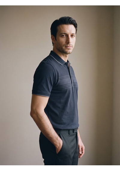 Maccali Erkek Lacivert Göğüs Bantlı Pike Polo Yaka Tişört