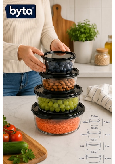 4'lü Yuvarlak Saklama Kabı Seti 300 Ml + 700 Ml + 1,1 L + 1,75 L Kapaklı Şeffaf Gıda Saklama Kabı Bpa'sız Organizer Siyah