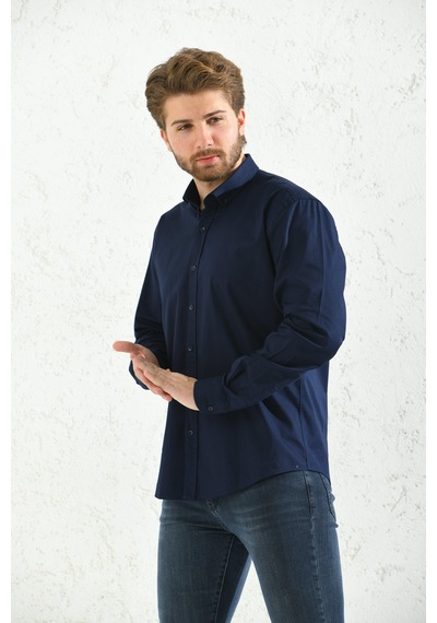 Slim Fit Uzun Kol Yıkamalı Gabardin Hediye Kutulu Erkek Gömlek Fs-001364 - Koyu Lacivert-1442