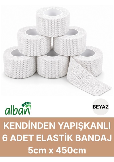 Beyaz 5cm 6'lı Set Kendinden Yapışkanlı Elastik Bandaj, Kohesiv Bandaj 5cm X 4.5m Spor, Bilek, Ayak Bileği, Veteriner Bandajı Beyaz