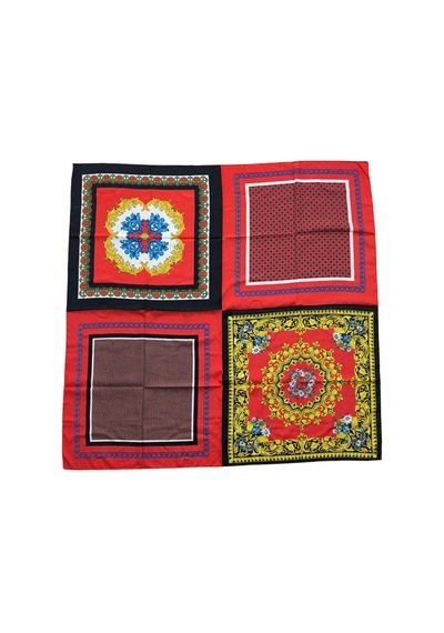Tikitonki Geometrik Desenli Çok Parçalı Saten Kırmızı Eşarp - 90x90 Karışık Karışık
