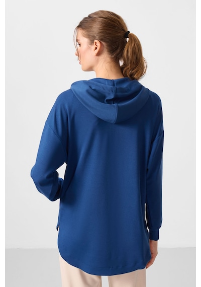 Tommylıfe Parlament Yumuşak Dokulu Kapüşonlu Oversize Kadın Tunik Sweatshirt - 97302 Mavi