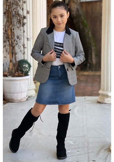 Riccotarz Kız Çocuk Yazı Baskılı Tişört Sahte Cep Detaylı Kareli Blazer Ceket Mavi Jean Etekli Takım 001 Riccotarz Kız Çocuk Yazı Baskılı Tişört Sahte Cep Detaylı Kareli Blazer Ceket Mavi Jean Etekli Takım 001
