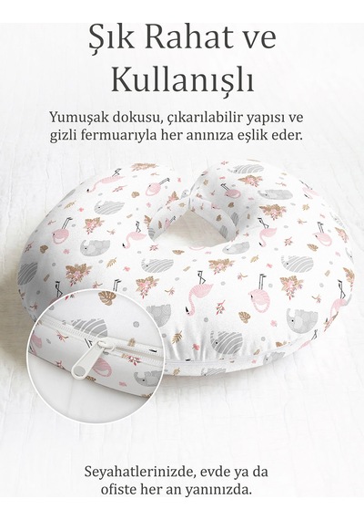 Flamingo Fil Desenli Pamuklu Boyun Yastığı - Sevimli Hayvan Figürlü Pembe Gri Seyahat Yastığı Canlı Yağmur Platin