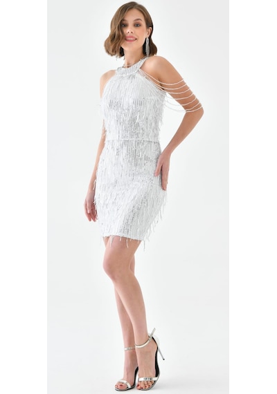 Hanife Glam Couture Hanife Glam Halter Yaka Taş Tasarımlı Saçaklı Pul Payet Mini Elbise Gümüş