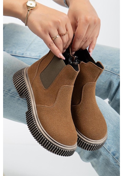 Tonny Black Kalın Tırtıklı Termo Taban Fermuarlı Lastikli Çocuk Unisex Taba Süet Chelsea Bot Tbgrf005 Taba Süet