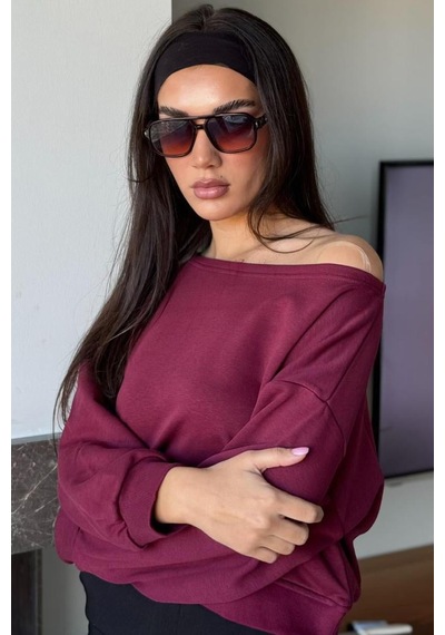 Bordo Kayık Yaka Kadın Sweatshirt Mg2208