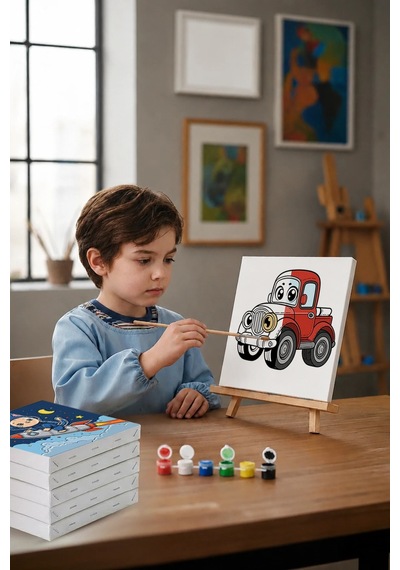 Sevimli Kırmızı Kamyon Boyama Tuvali Şövaleli Boya Seti 20x20