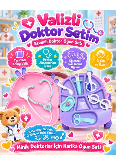 Oyuncak Çekçek Valizli Aksesuarlı Makyaj Doktor Tamir Set Taşınabilir Tekerlekli Renkli Çantalı Bavul Güzellik Eğitici Meslek Seti 50x25 Cm Çok Renkli
