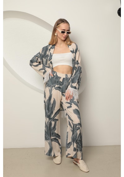 Chıcnhappy Viskon Kumaş Empirme Kadın Kimono Takım Gri 24pn5090012 Gri