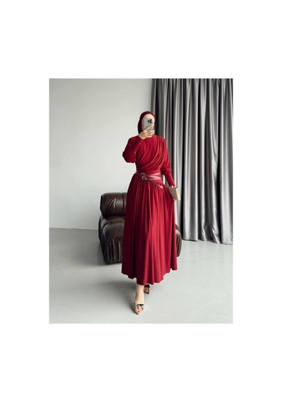Neşeli Butik Kadın Kırmızı Drapeli Kemer Detaylı Sandy Kumaş Premium Tesettür Elbise Nms090 Neşeli Butik Kadın Kırmızı Drapeli Kemer Detaylı Sandy Kumaş Premium Tesettür Elbise Nms090
