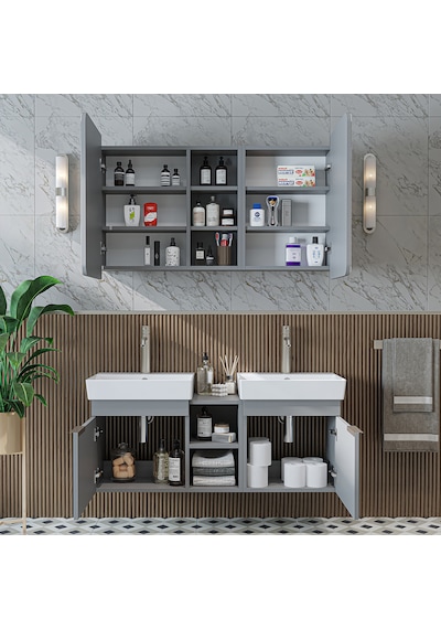 Likya 2 Kapaklı Ve Açık Raflı Mdflam 2 Lavabolu 120 Cm Kül Gri