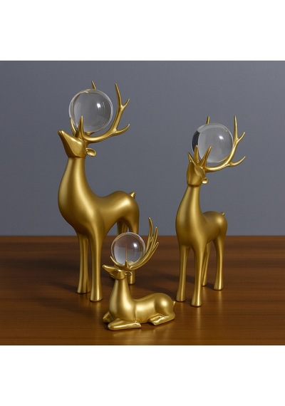 Gold Boynuzlu 3 Lü Dekoratif Geyik Kristal Küre 32 X 15