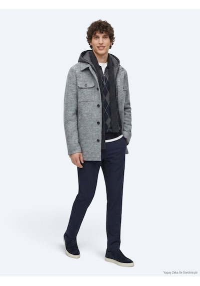 Kip Gri Regular Fit Kapüşonlu Smart Casual Dokuma Mont