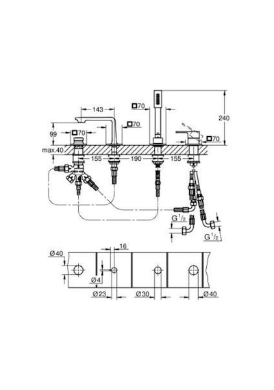 Grohe Allure 19316GL1 4 Delikli Ankastre Küvet Bataryası Altın