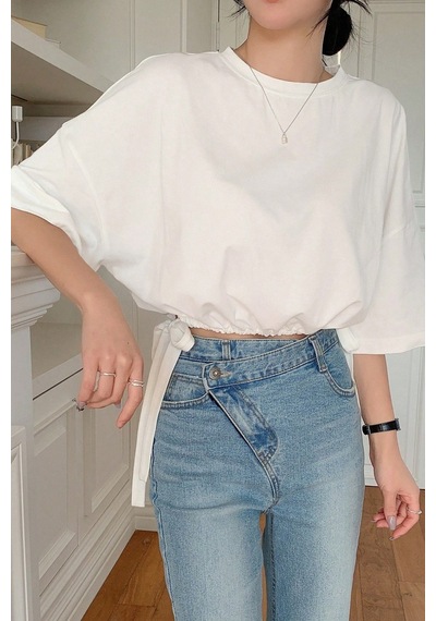 Kadın Oversize Basic Haki Tişört Yan Bağlamalı Rahat Kesim Günlük Yazlık T-shirt Beyaz