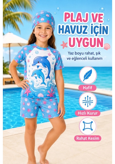 Rony Pony Kids Kız Çocuk Yunus Desenli 3 Lü Plaj Takımı Şortlu Mayo Seti Bone Dahil Mavi Beyaz