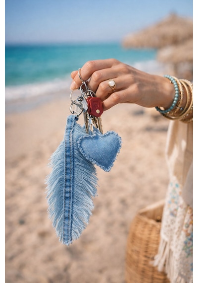 El İşçiliği Kalp Yaprak Detaylı Denim Çanta Charm Mavi
