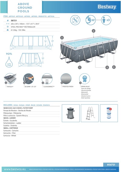 Bestway 56721 Power Steel Prefabrik Yerüstü Havuz 4,04 M X 2,01 M X 1,00 M