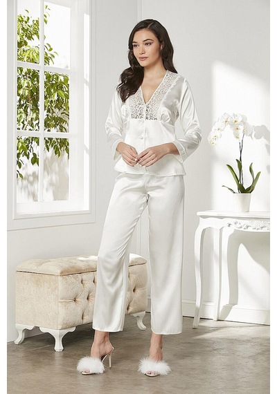 Pierre Cardin 6955 Çeyiz İpek Saten 6 Lı Sabahlık Pijama Gecelik Takımı Ekru