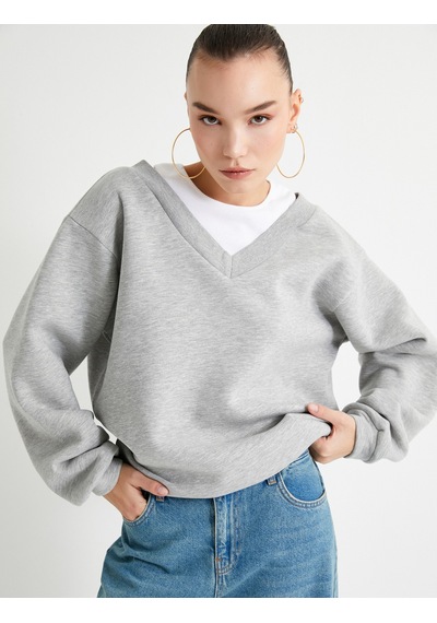 Koton Rahat Kalıp Atlet Detaylı Uzun Kollu Bisiklet Yaka Şardonlu Sweatshirt Gri Melanj 7wal10050ık