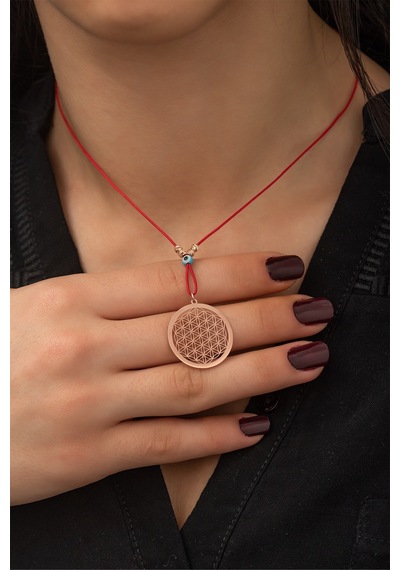 Papatya Silver Kırmızı İpli Yaşam Çiçeği Kolye - Nazarlı ve Dorica Toplu Rose Gold Kaplama 925 Ayar Gümüş Kolye - UVPS100242