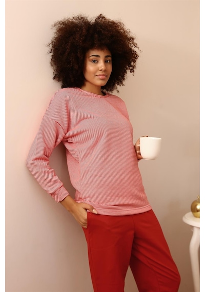 Akbeniz Kadın Uzun Kol 3 İplik Penye Pijama Takım 4184 - S Kırmızı