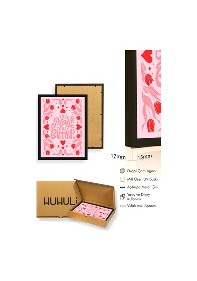 Doğal Ahşap Çerçeveli Retro Floral Tablo - Pembe Ve Kırmızı Tonlar Huhu2436