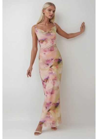 Hiccup Degaje Yaka Desenli Maxi Tül Elbise Çok renkli