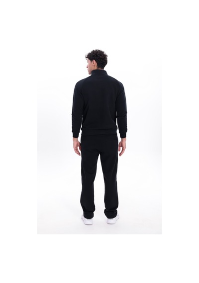 Rowinger 3 İplik Kalın Dokulu Pilot Yaka Velör Şeritli Tam Fermuarlı Erkek Sweatshirt Black