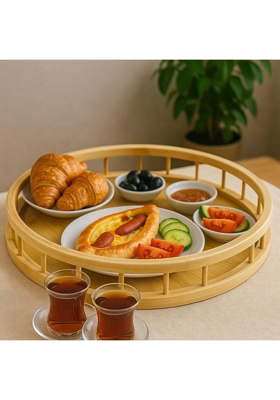 Premium Bambu Serisi 35 Cm Çitli Yuvarlak Tepsi Açık Bej