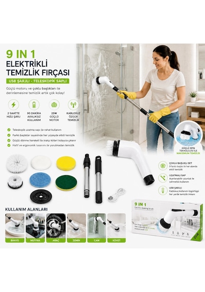 9ın1 25w - Kablosuz - Hızlı Şarj Elektrikli Şarjlı Temizlik Fırçası Rzg-2026 Bx40 0