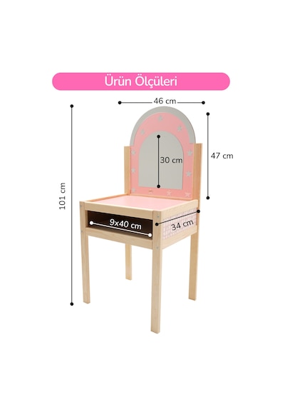 Çocuklar İçin Ahşap Makyaj Masası, Pleksi Aynalı