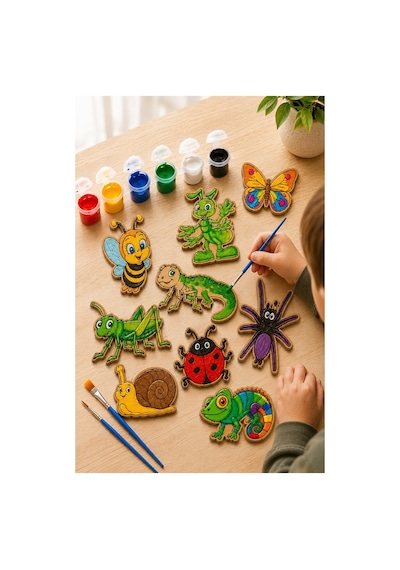 Ahşap Boyama Böcekler 10 Lu 1 Paket 10x15cm Ahşap Boyama 6 Renk Boya Resim Fırçası Etkinlik Çocuk Gelişim Motor Beceri