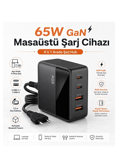 65w Gan Masaüstü Şarj Cihazı 4 Port 2 Usb-c 2 Usb-a Lcd Göstergeli