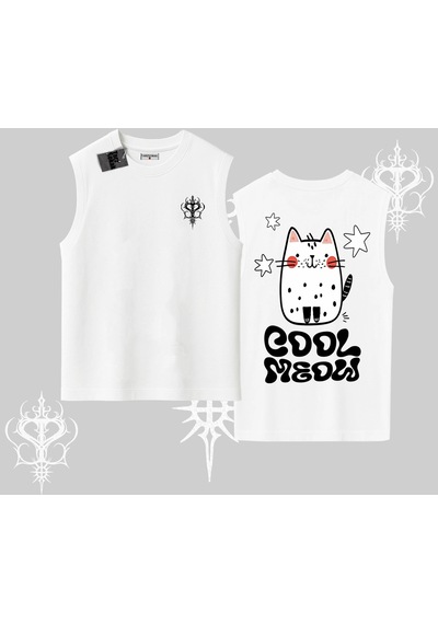 Startmore Startmore Cool Meow Yazılı Sevimli Kedi Arka Baskılı Kolsuz Tshirt Beyaz