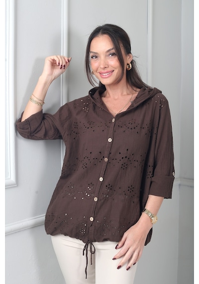 By Saygı Kadın Kapüşonlu Önü Düğmeli Cepli Brode Fisto İşlemeli İtalyan Cotton Ceket Kahve By Saygı Kadın Kapüşonlu Önü Düğmeli Cepli Brode Fisto İşlemeli İtalyan Cotton Ceket Kahve