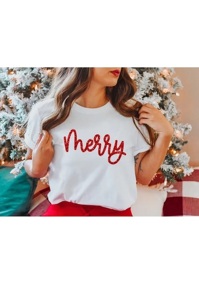 Hazego Yılbaşı Merry Christmas Baskılı Kısa Kollu Oversize Bisiklet Yaka T-shirt - Beyaz